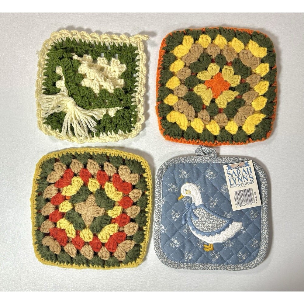 Pot Holders Crochet, Quilted Duck Granny Core Lot of 4 Some Handmade